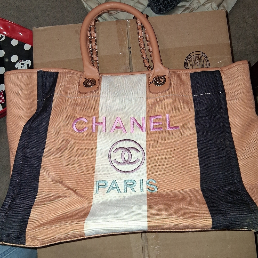 CHANEL Peach, Navy & Cream Canvas Tote with Pink Logo